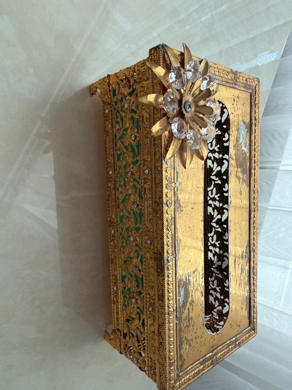 Ornate Gold Floral Tissue Box Holder with Crystal Accent